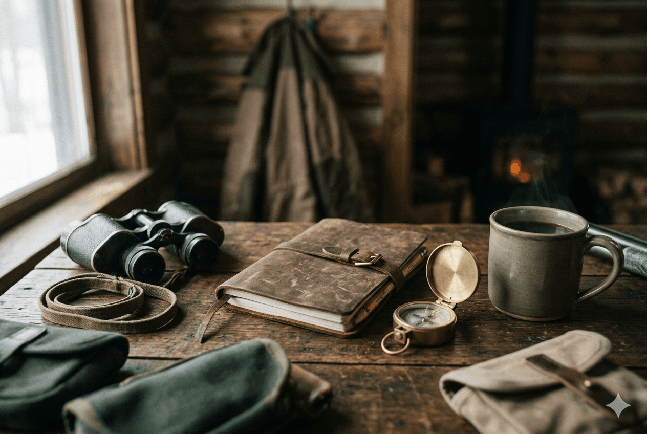Journal and compass on a cabin desk before a hunt