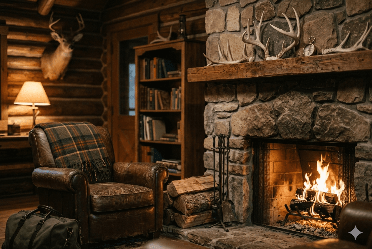 Rustic log cabin interior with stone fireplace