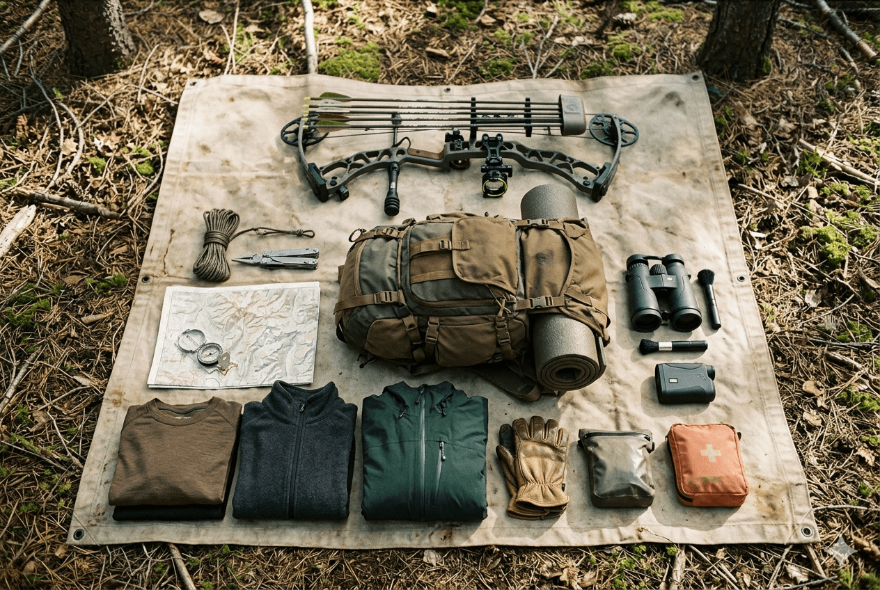 Hunting gear laid out on a tarp in the woods