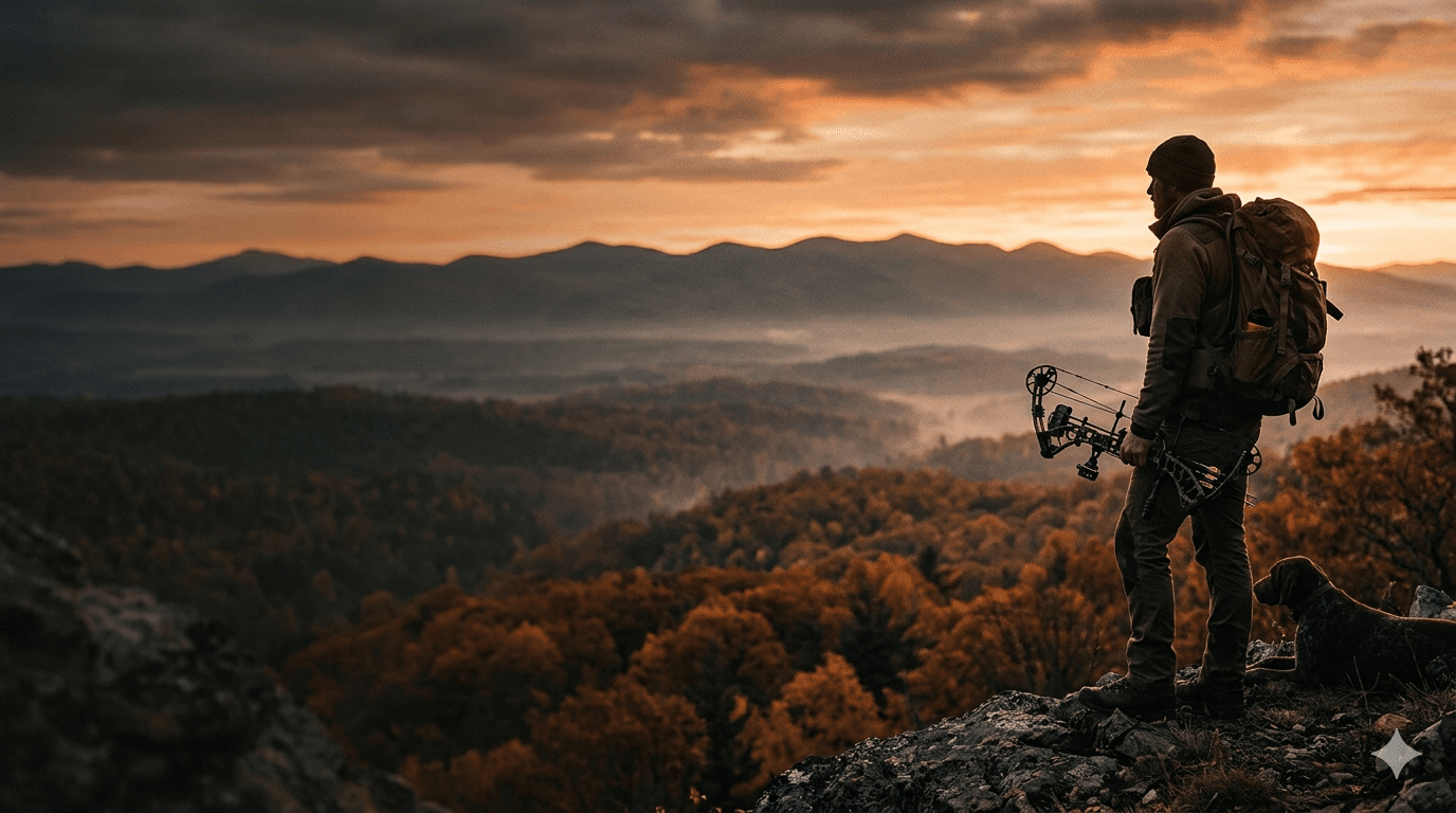 Bowhunter on mountain ridge at sunset