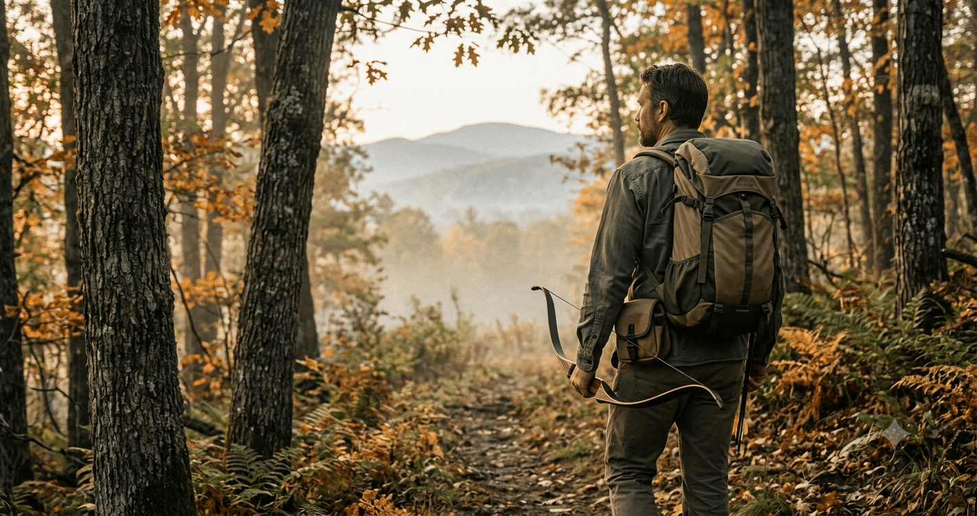 Hunter on autumn forest trail