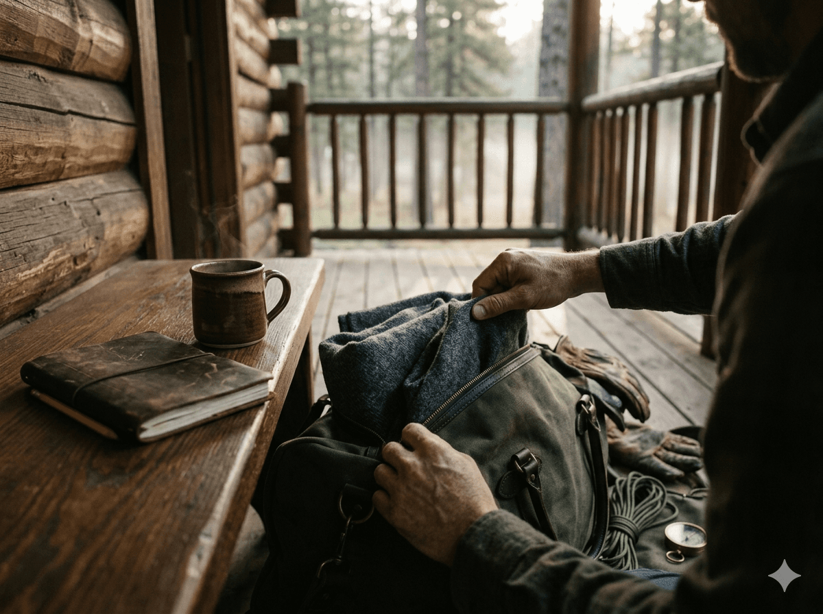 Packing gear on a cabin porch before a hunt