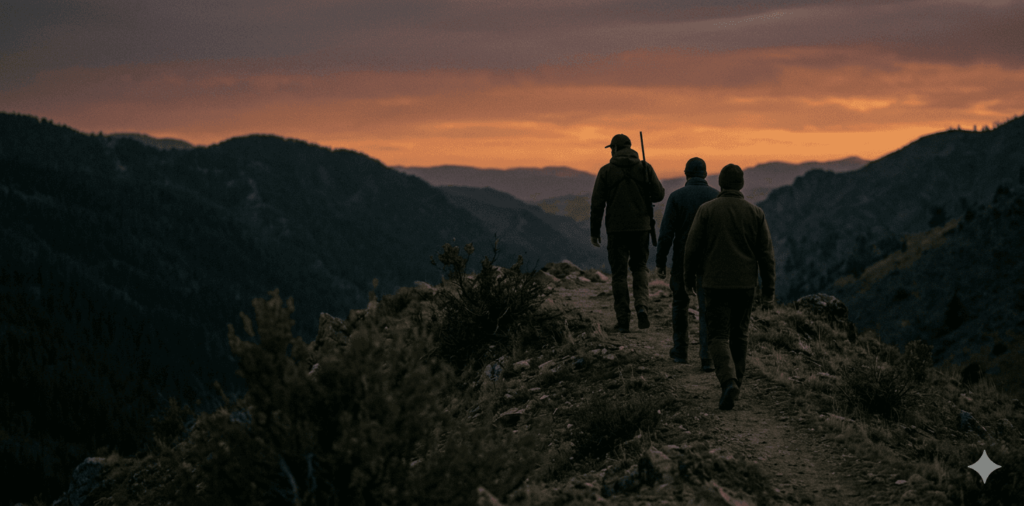 Hunters silhouetted on mountain ridgeline at sunset